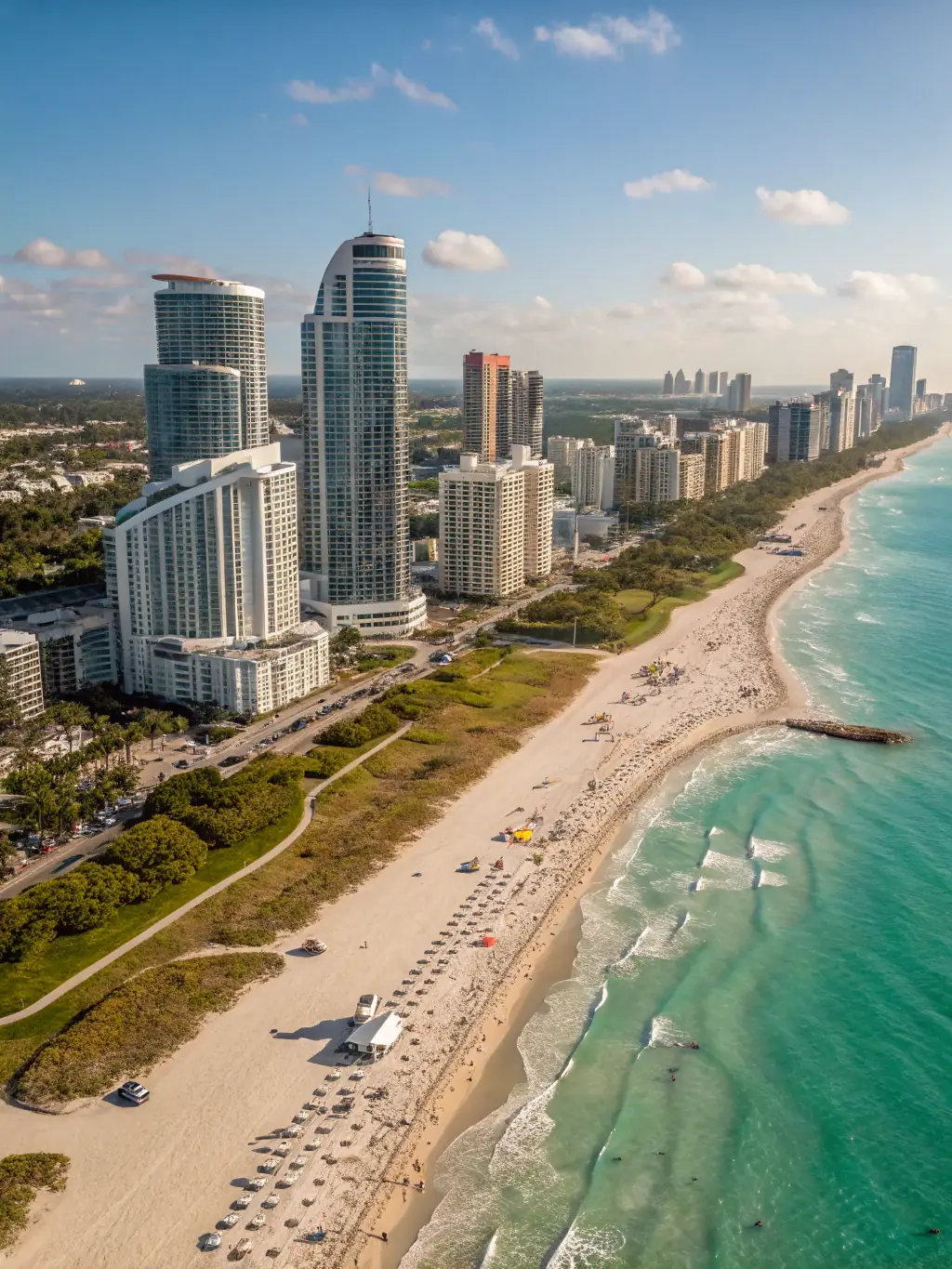 A modern beachfront condo in Miami, Florida, with floor-to-ceiling windows overlooking the turquoise ocean, capturing the vibrant city skyline and the relaxed beach lifestyle, ideal for a co-owned urban escape.