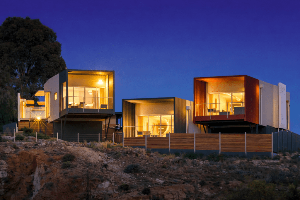 Elevated holiday homes at twilight